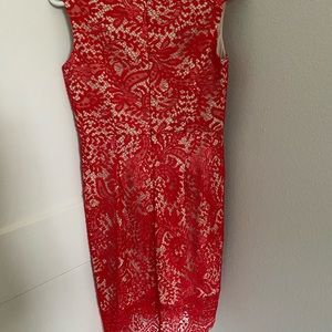 red and cream lace mid length dress